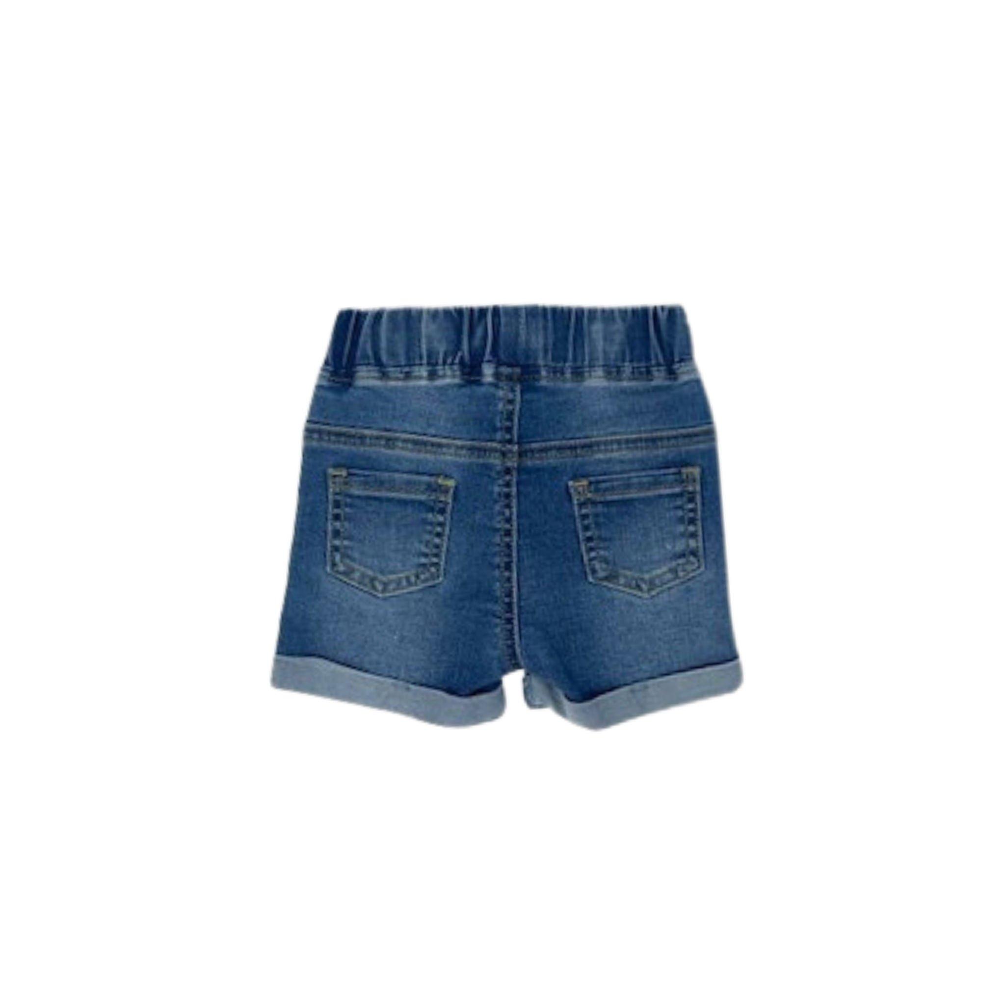 Back of Gender Neutral Distressed Jean Shorts with Drawstring Waist