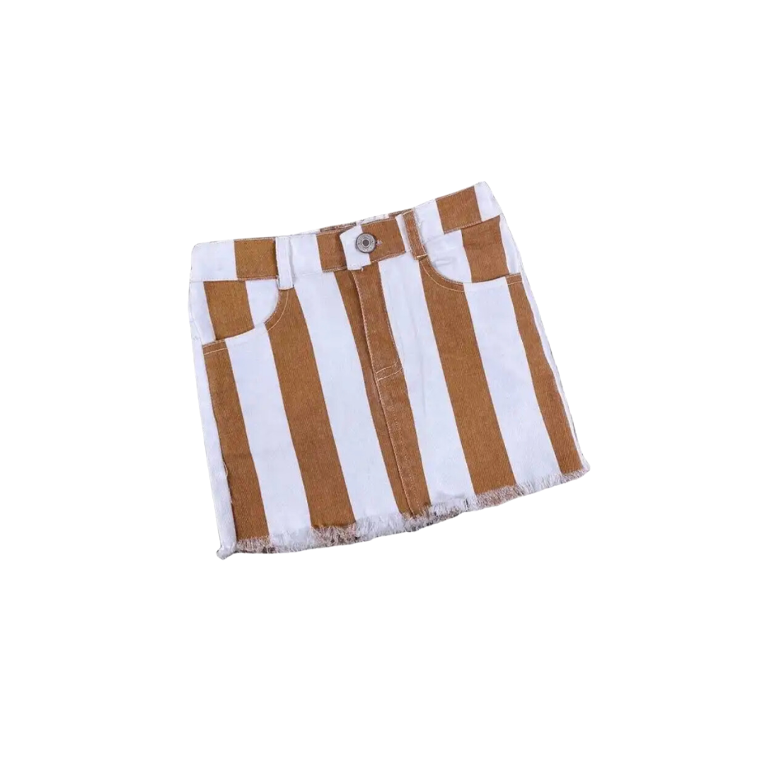 Rust Striped High-Waist Denim Skirt for Girls