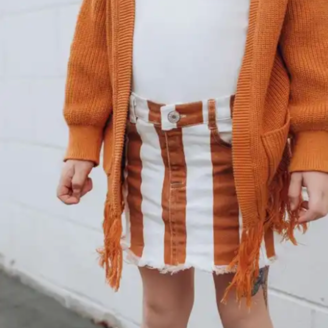 Rust Striped High-Waist Denim Skirt with fried bottom for Girls