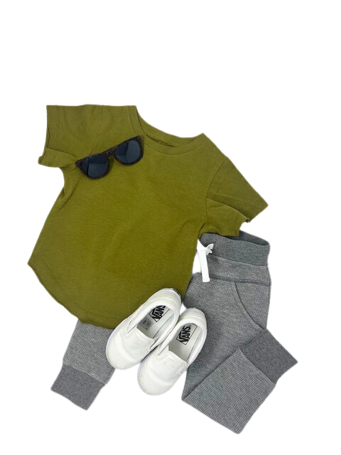 Cozy Crew Waffle Pants in Grey paired with olive green shirt, sunglasses and white Vans