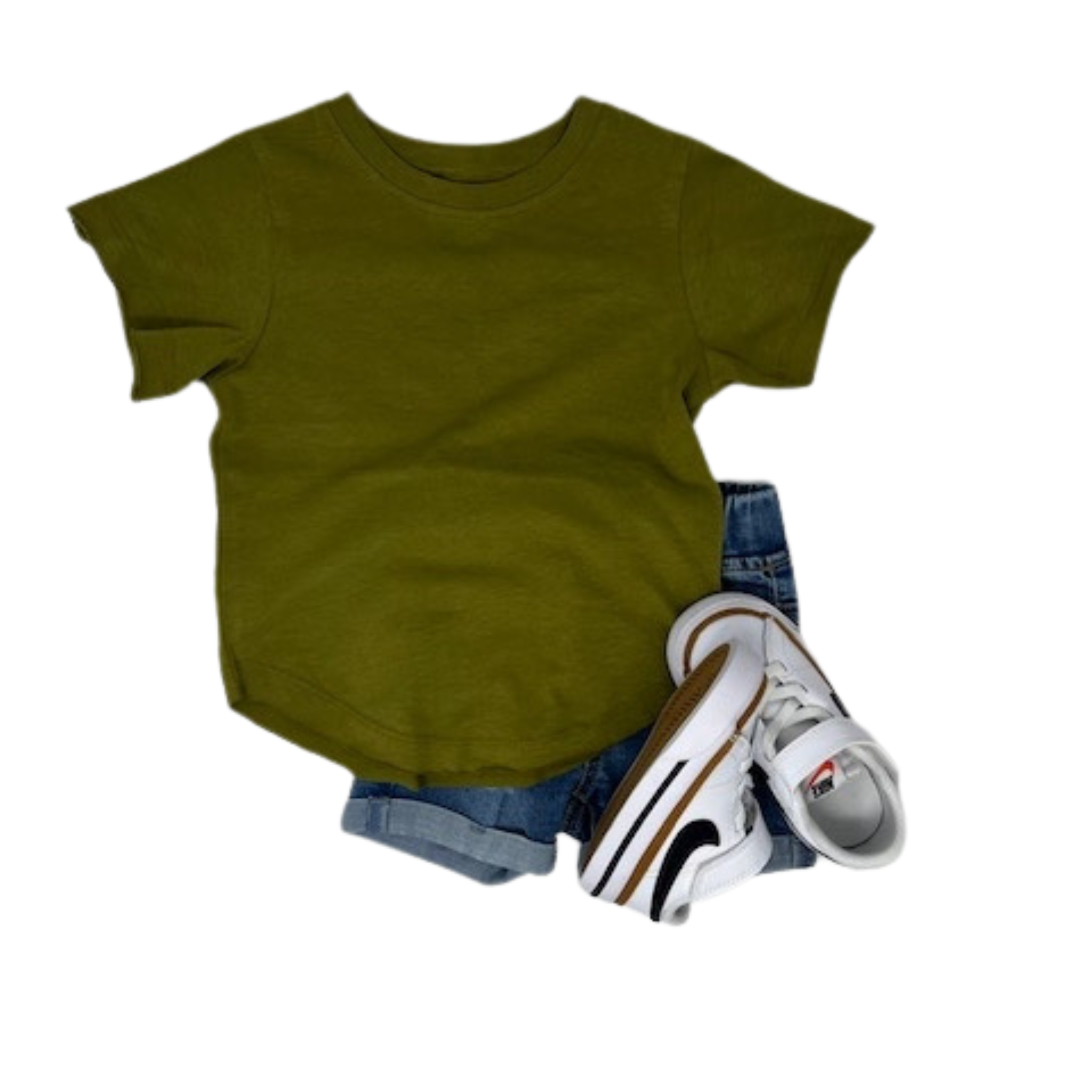 Olive Ace Cotton Blend T-Shirt styled with lennon denim shorts and sneakers