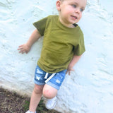 Untamed Kids Apparel | Unisex Jean Shorts with tie waist paired with a green shirt