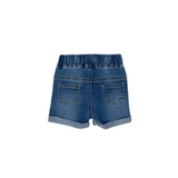 Back of Gender Neutral Distressed Jean Shorts with Drawstring Waist