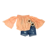 Chloe cinched crop waist and off-the-shoulder flair Sleeve Top in Orange paired with kids jean shorts and Sunglasses
