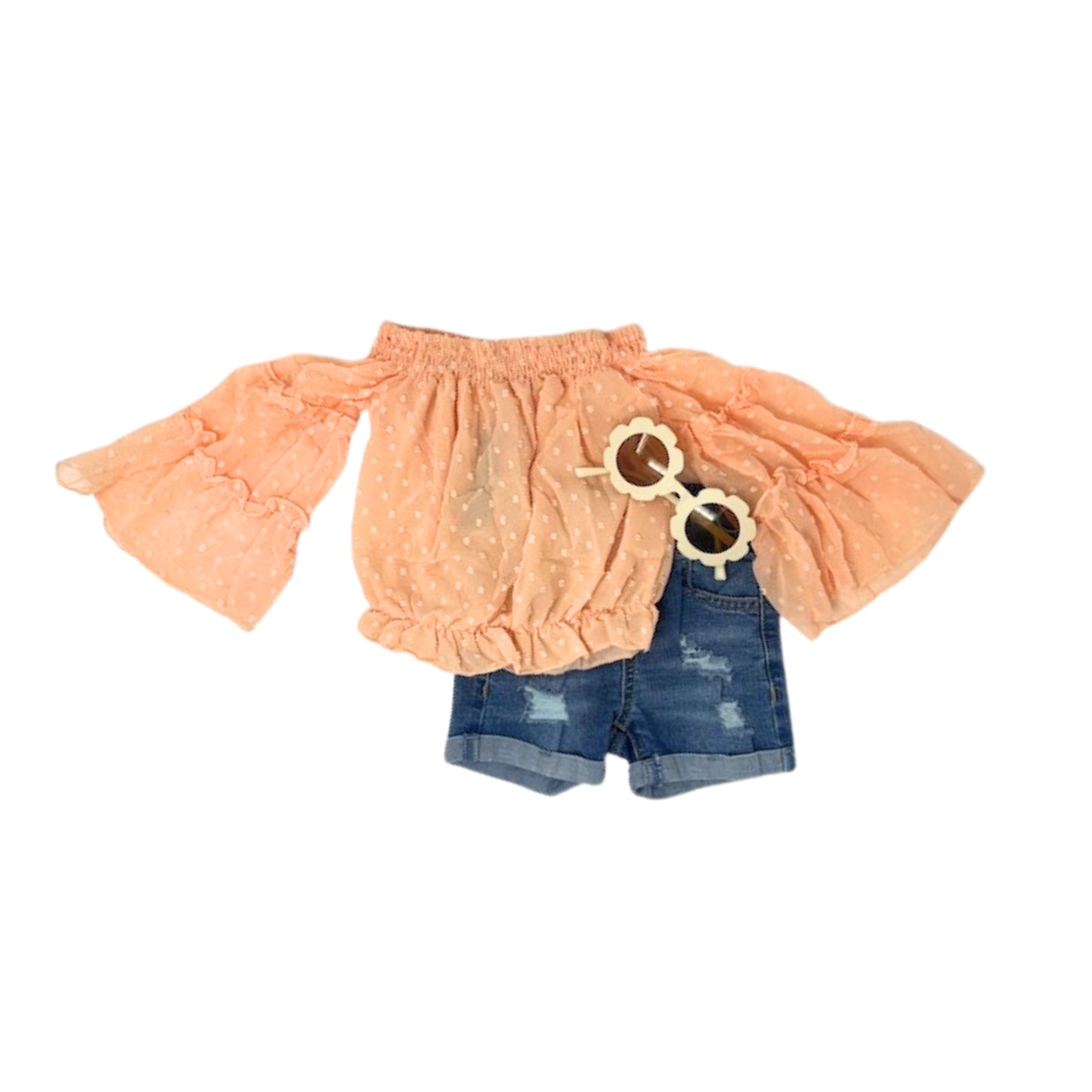 Chloe cinched crop waist and off-the-shoulder flair Sleeve Top in Orange paired with kids jean shorts and Sunglasses